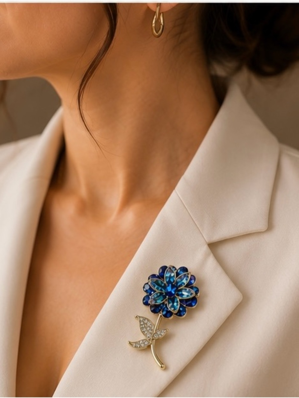 L'Oreal Blue Crystal Flower Brooch with Gold Stem